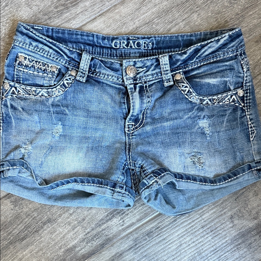 Grace Light Blue Denim Shorts with Distressed Details